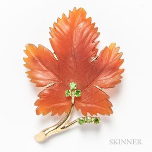 14kt Gold, Hardstone, and Peridot Leaf Brooch