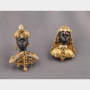Pair of 18kt Gold, Onyx, and Gem-set Blackamoor Brooches
