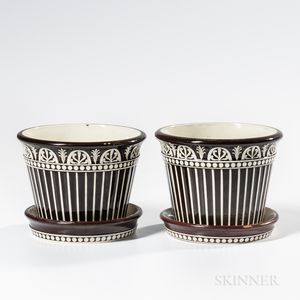 Pair of Wedgwood Brown Slip-decorated White Terra-cotta Cache Pots with Underdishes