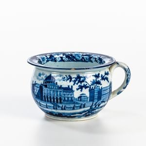 Miniature Staffordshire Transfer Decorated Historical Blue "Boston State House" Potty Jug