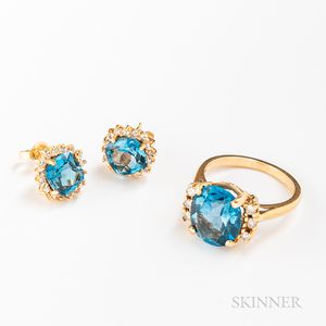 14kt Gold, Blue Topaz, and Diamond Ring and Earrings