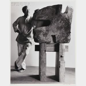 Arthur Mones (American, 1919-1998) Portrait of Isamu Noguchi with Sculpture.
