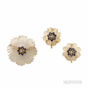 14kt Gold, Carved Rock Crystal, and Sapphire Flower Suite