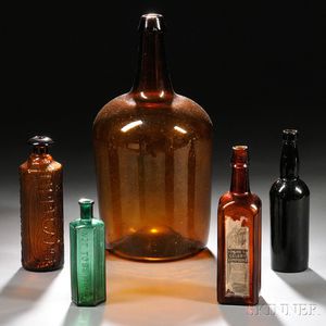 Six Assorted Blown, Blown-molded, and Molded Colored Glass Bottles