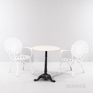 Two Francois Carre Sunburst Armchairs and Marble-top Table
