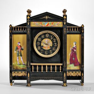 Belgian Black Slate and Porcelain Panel Petite Sonnerie Mantel Clock