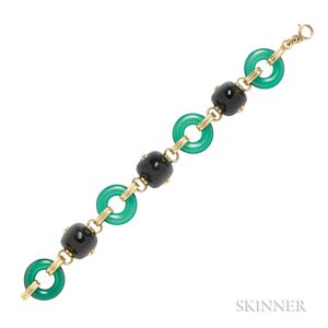 Art Deco 14kt Gold, Onyx, and Dyed Green Chalcedony Bracelet
