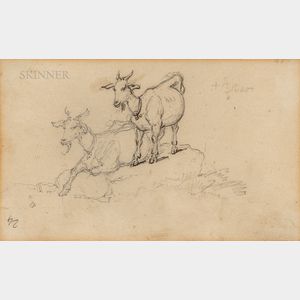 Attributed to George Chinnery (British, 1774-1799) Sketchbook Page Showing Two Goats in a Landscape