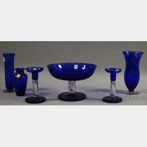 Three-piece Pairpoint Attributed Cobalt and Colorless Glass Console Set and Three Cobalt Glass Vases.