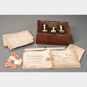 Three Carved Whalebone Whale Stamps in a Box, Twelve Ivory Items, and Fourteen Pieces of Related Ephemera
