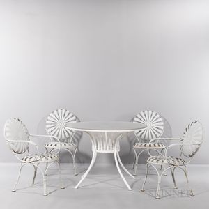 Four Francois Carre Sunburst Chairs and Glass-top Sunburst Table
