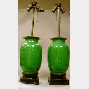 Pair of Chinese Green Crackle Glazed Porcelain Vase Table Lamps.