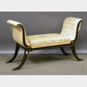 Neoclassical-style Brocade Upholstered Ebonized Wood Bench