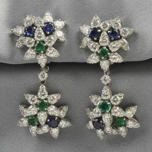 Platinum, Emerald, Sapphire, and Diamond Flower Day/Night Earpendants, Tiffany & Co.