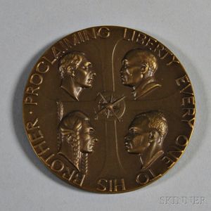 Malvina Hoffman (American, 1885-1966) Brotherhood of Man/Bronze Medal of the Society of Medalists, 51st issue, 1955. Initialed and mark