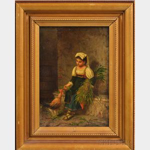 Gaetano Mormile (Italian, 1839-1890) Seated Girl Feeding a Chicken