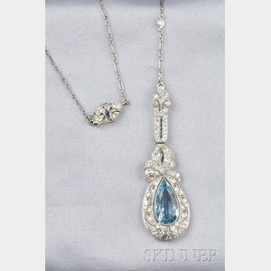 Art Deco, Platinum, Aquamarine, and Diamond Pendant