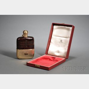 Cased Asprey & Co. 9ktt Yellow Gold and Alligator-mounted Colorless Glass Flask