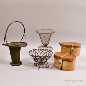 Three Wirework Baskets and a Pair of Leather-clad Boxes. 