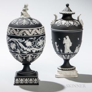 Two Wedgwood Black Jasper Dip Vases and Cover