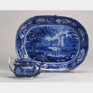 Blue Transfer Decorated Staffordshire Platter and Teapot