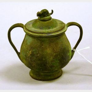 Small Patinated Bronze and Metal Two-Handled Covered Jar