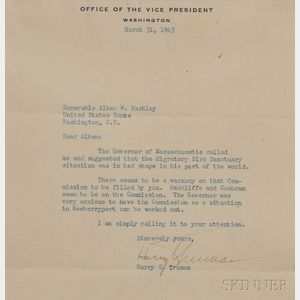Truman, Harry S. (1884-1972) Typed Letter, Signed, 31 March 1945.