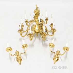 Electrified Brass Chandelier and Two Brass Wall Sconces