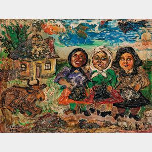 David Davidovich Burliuk (Ukrainian/American, 1882-1967) Farm Landscape with Three Peasant Women