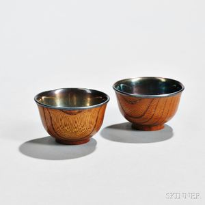 Two Silver-clad Wood Sake Cups