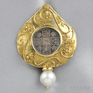 18kt Gold, South Sea Pearl, and George III Sixpence Coin Brooch, Elizabeth Gage