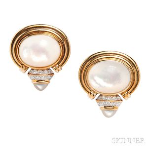 14kt Gold, Mother-of-pearl, and Diamond Earclips