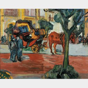 American School, 20th Century Street Scene with a Horse-drawn Cab