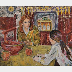 Antonio Sereix Codina (Spanish, b. 1931) Interior / Mother and Daughter at a Table