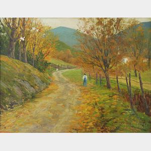 Alfred Ernest Lang (American, 1879-) Autumn Road with Farmer and Dog.