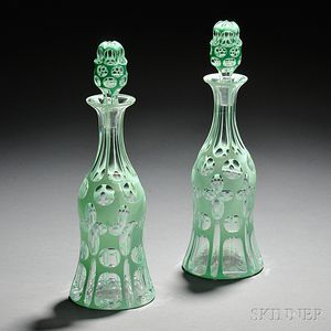 Pair of Green-to-Clear Glass Decanters