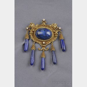 18kt Gold Lapis and Diamond Brooch/Pendant, Erwin Pearl
