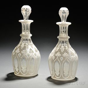 Pair of White-to-Clear Cut Glass Decanters
