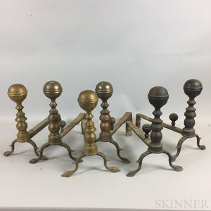 Three Pairs of Brass Belted Ball-top Andirons