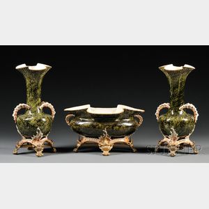 Three-piece Bronze-mounted Majolica Mantel Garniture