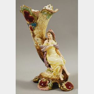 Continental Art Nouveau Majolica Ceramic Figural Vase