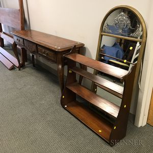 French Provincial-style Oak Server, a Mahogany Four-tier Whale-end Shelf, and an Etched Mirror. 