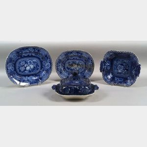 Four Blue Transfer Decorated Staffordshire Pottery Serving Dishes