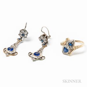 14kt Bicolor Gold and Sapphire Ring and a Pair of 14kt Gold, Diamond, and Synthetic Stone Earrings