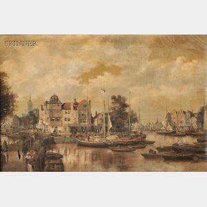 Johann Christoph Frisch (Dutch, 1738-1815) Dutch City View with Bustling Harbor