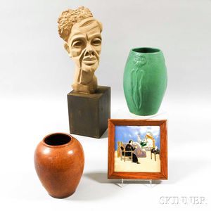 Two Art Pottery Vases, a Tile, and a Composite Bust