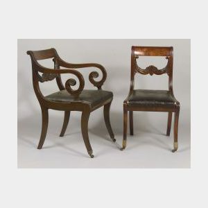 Set of Six Classical Carved Mahogany Veneer Side Chairs and Matching Armchair