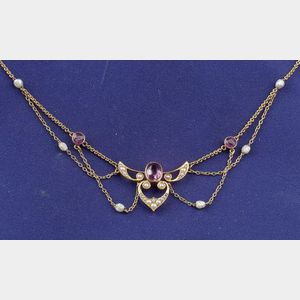 Antique 14kt Gold, Amethyst and Pearl Festoon Necklace