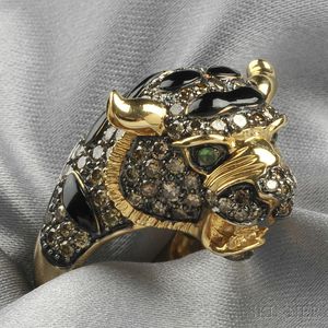 18kt Gold, Enamel, Colored Diamond, and Emerald Figural Ring