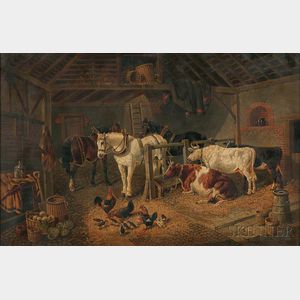 Attributed to John Frederick Herring Jr. (British, 1815-1907) Stable Interior with Cattle, Horses, and Chickens